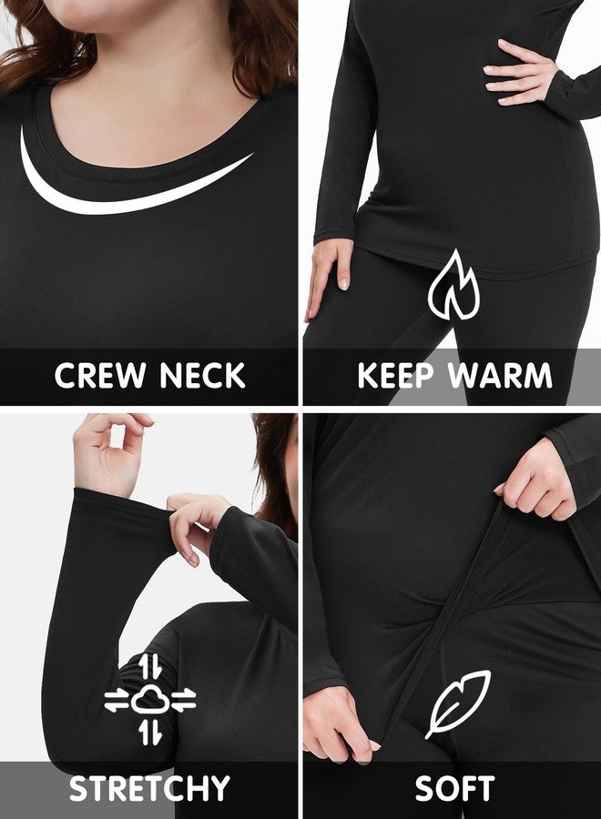 FOREYOND Plus Size Thermal Underwear for Women Long Johns Fleece Lined Base Layer Pajama Top and Bottom Sets, Black, 5XL - Image 3